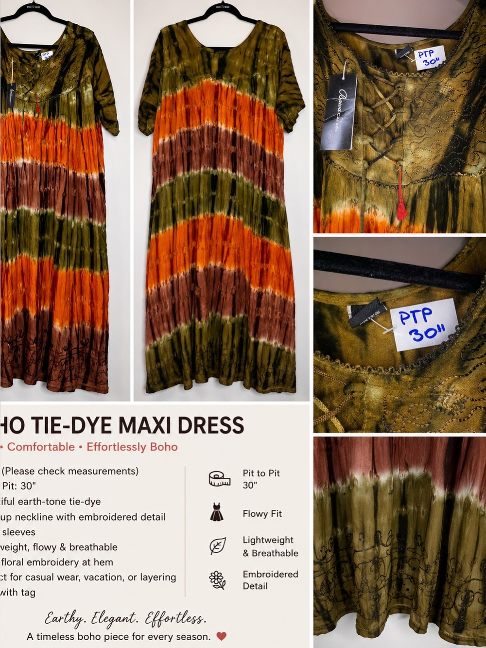 Boho Tie-Dye Maxi Dress in Olive, Orange & Brown